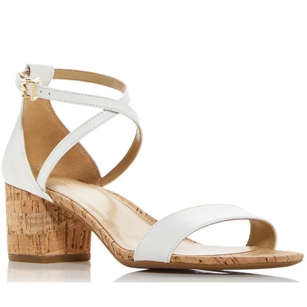 Michael Kors Women  Leather Ankle Strap Cork Block Heels 10 M - WHITE